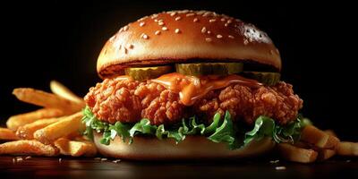 Crispy fried chicken sandwich served with golden fries on a dark background photo