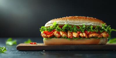 Delicious grilled chicken sandwich topped with fresh lettuce and tomatoes served on a wooden board photo