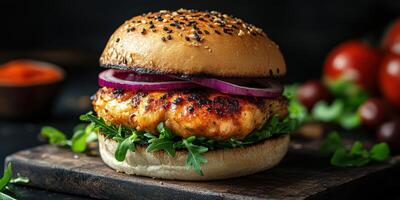 Grilled chicken burger served on a wooden board with fresh vegetables in a cozy setting photo