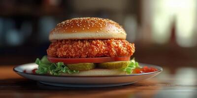 Crispy fried chicken burger on a plate with fresh vegetables in a cozy restaurant setting photo