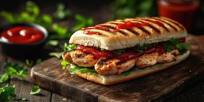 Grilled chicken sandwich with fresh ingredients and sauces on a wooden board in a rustic setting photo