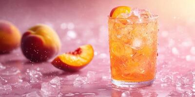 Refreshing peach cocktail served over ice with fresh peach slices on a pink and icy surface photo
