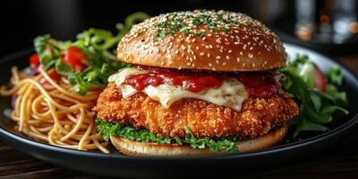 Delicious crispy chicken sandwich with cheese and fresh toppings, served alongside pasta and salad photo