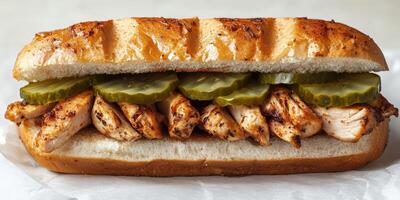 Delicious chicken sandwich with pickles served on a fresh bun at a casual eatery during lunch hours photo