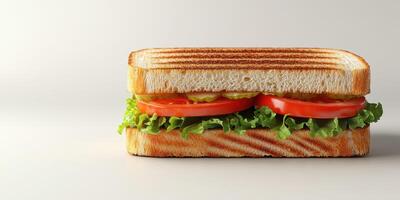 Freshly made sandwich with layers of lettuce, tomato, and pickles on toasted bread placed against a neutral background photo