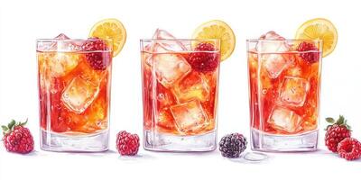 Refreshing summer drinks featuring lemon and berries in crystal clear glasses with ice cubes photo