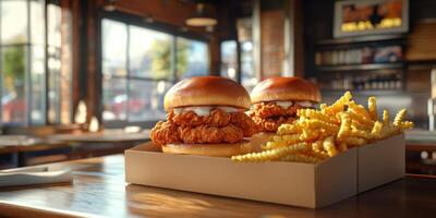 Delicious fried chicken sandwiches served with crispy fries in a cozy restaurant setting photo