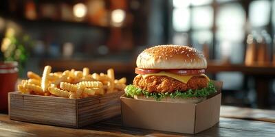 Delicious chicken burger with fries served on a wooden table in a cozy restaurant during daytime photo