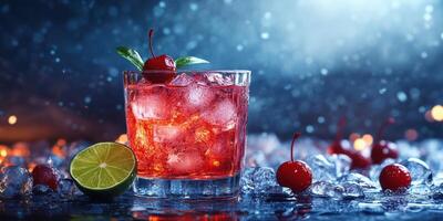 Refreshing cocktail with cherries and lime on display at a vibrant bar during a lively evening photo