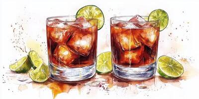 Refreshing drinks with ice and lime served on a colorful background during a casual summer gathering photo