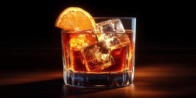 Whiskey glass with ice and orange slice on wooden table illuminated in warm light photo