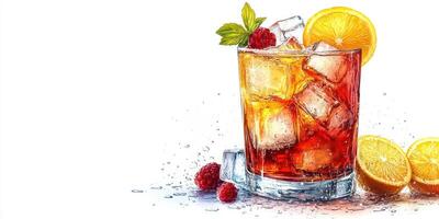 Refreshing summer drink with ice, citrus, and raspberries in a clear glass on a white background photo
