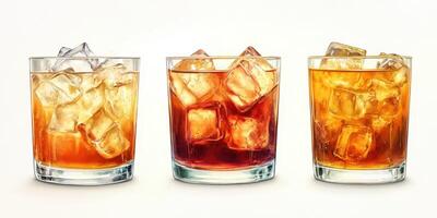 Different types of iced beverages in glasses with ice cubes set against a light background photo