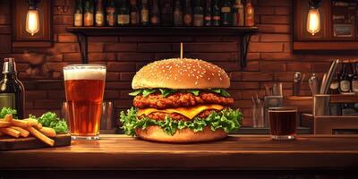 Savory burger with crispy chicken, cheese, and sides served in a cozy tavern setting photo