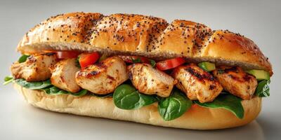 Freshly made chicken sandwich loaded with vegetables on a soft poppy seed bun photo