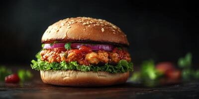 Delicious sandwich with savory filling, lettuce, and vibrant toppings served on a soft sesame seed bun photo