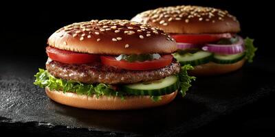 Delicious grilled burgers featuring fresh vegetables and sesame seed buns on a dark stone plate photo