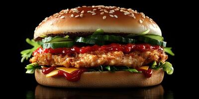 Crispy chicken sandwich with fresh vegetables and sesame bun against a dark background photo