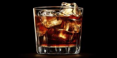 Refreshing glass of dark beverage with ice cubes against a black background photo