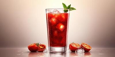 Refreshing beverage with ice and mint featuring sliced tomatoes on a counter in a well-lit setting photo