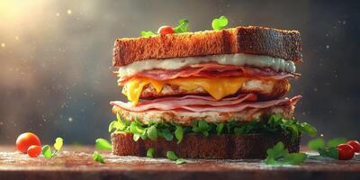 Delicious stacked sandwich with various layers and fresh ingredients on rustic wooden table photo