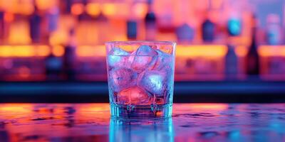 Colorful cocktail with ice in a glass on a reflective bar top at a vibrant nightlife location photo