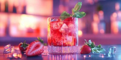 Refreshing cocktail with strawberries and mint served in a stylish bar setting at night photo