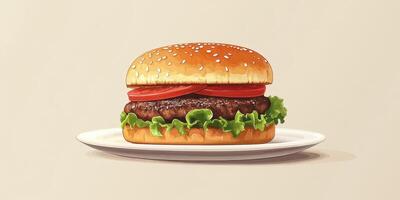 Delicious cheeseburger served on a plate garnished with fresh lettuce and ripe tomatoes in a light setting photo