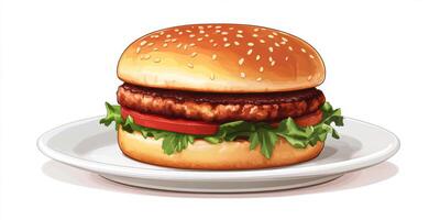 Delicious sesame seed burger with lettuce and tomato served on a white plate photo
