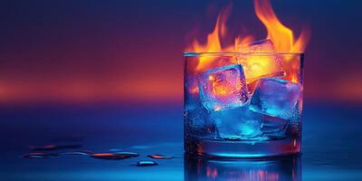 Flames burst from a glass of ice cubes illuminated by colorful light during a vibrant evening setting photo