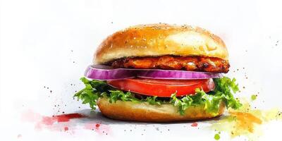 Juicy grilled chicken sandwich with fresh vegetables served on a toasted bun photo