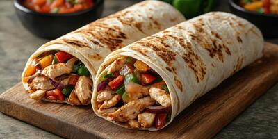 Grilled chicken burritos served on a wooden cutting board in a casual dining setting photo