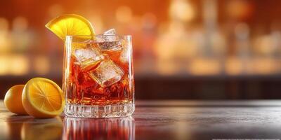 Refreshing cocktail with ice and citrus displayed at a bar during evening hours photo