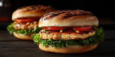Juicy grilled chicken burgers served with fresh lettuce and ripe tomatoes on toasted buns photo