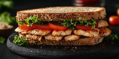 Delicious grilled chicken sandwich with fresh vegetables on whole grain bread served on a dark backdrop photo