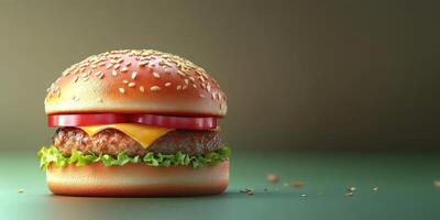 Juicy cheeseburger with fresh vegetables served on a sesame seed bun against a minimalist background photo