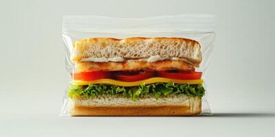 Delicious sandwich with fresh ingredients packed in a clear bag for convenience and freshness photo