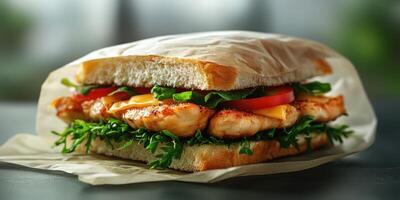 Delicious grilled chicken sandwich with fresh vegetables prepared for lunchtime enjoyment in a cozy setting photo