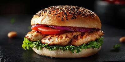 Delicious grilled chicken burger with fresh vegetables and sesame seed bun on dark background photo
