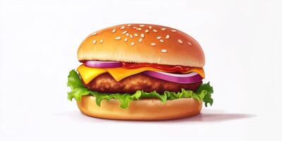 Mouthwatering burger with sesame seed bun, fresh vegetables, and melty cheese served on a clean white background photo