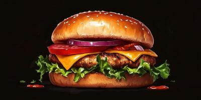 Mouthwatering burger with fresh ingredients served on a sesame seed bun ready to satisfy hunger in a cozy restaurant photo