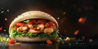 Delicious chicken wrap filled with fresh vegetables served on a dark background photo