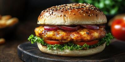 Juicy grilled chicken burger with fresh toppings served on a rustic wooden board photo