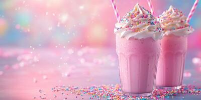 Two colorful milkshakes topped with whipped cream and sprinkles sit on a table against a vibrant, dreamy background during a cheerful daytime setting photo
