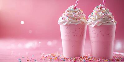 Two delicious pink milkshakes with whipped cream and sprinkles on a vibrant pink background photo