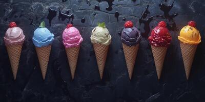 Colorful ice cream cones arranged on a dark surface in a delightful display of flavors and textures photo