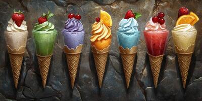 Colorful ice cream cones arranged in a row display flavors topped with fruits on a textured background photo