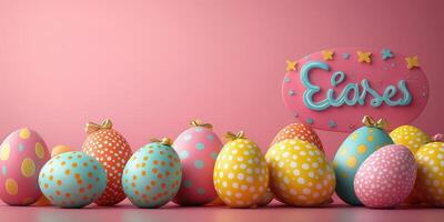 Colorful Easter eggs arranged along a pastel backdrop with a festive sign displaying a greeting photo