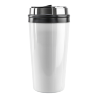 A white disposable cup with black lid on a transparent background png