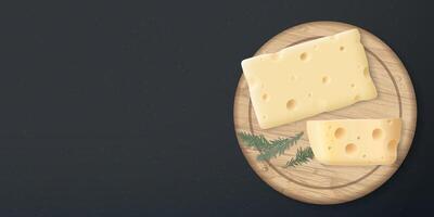 Swiss cheese on a wooden cutting board placed on cement texture background top view graphic illustration have blank space. vector